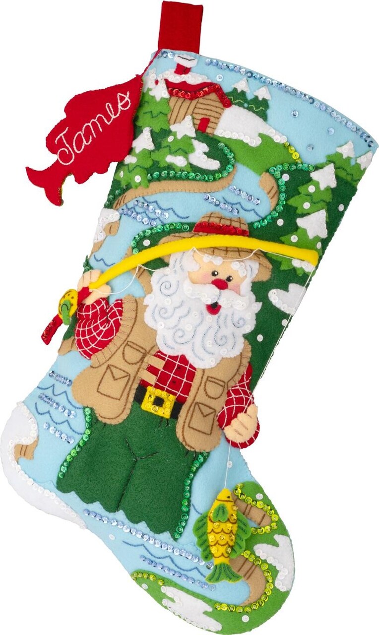 Bucilla Felt Stocking Applique Kit 18" Long-Fly Fishing Santa